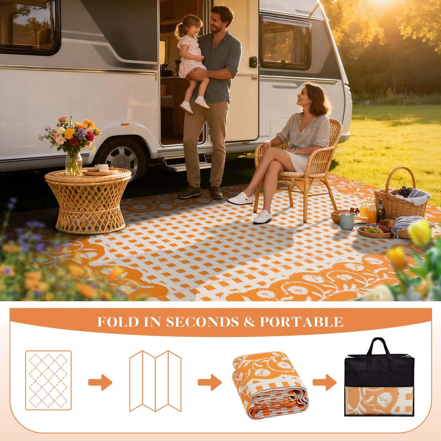 nesrt Waterproof Outdoor Rug 5x8ft, Reversible Plastic Straw Patio Mats, Portable Floral Camping Rug, Indoor Foldable RV Carpet Mat for Deck Porch Balcony Backyard Picnic (Orange/White)