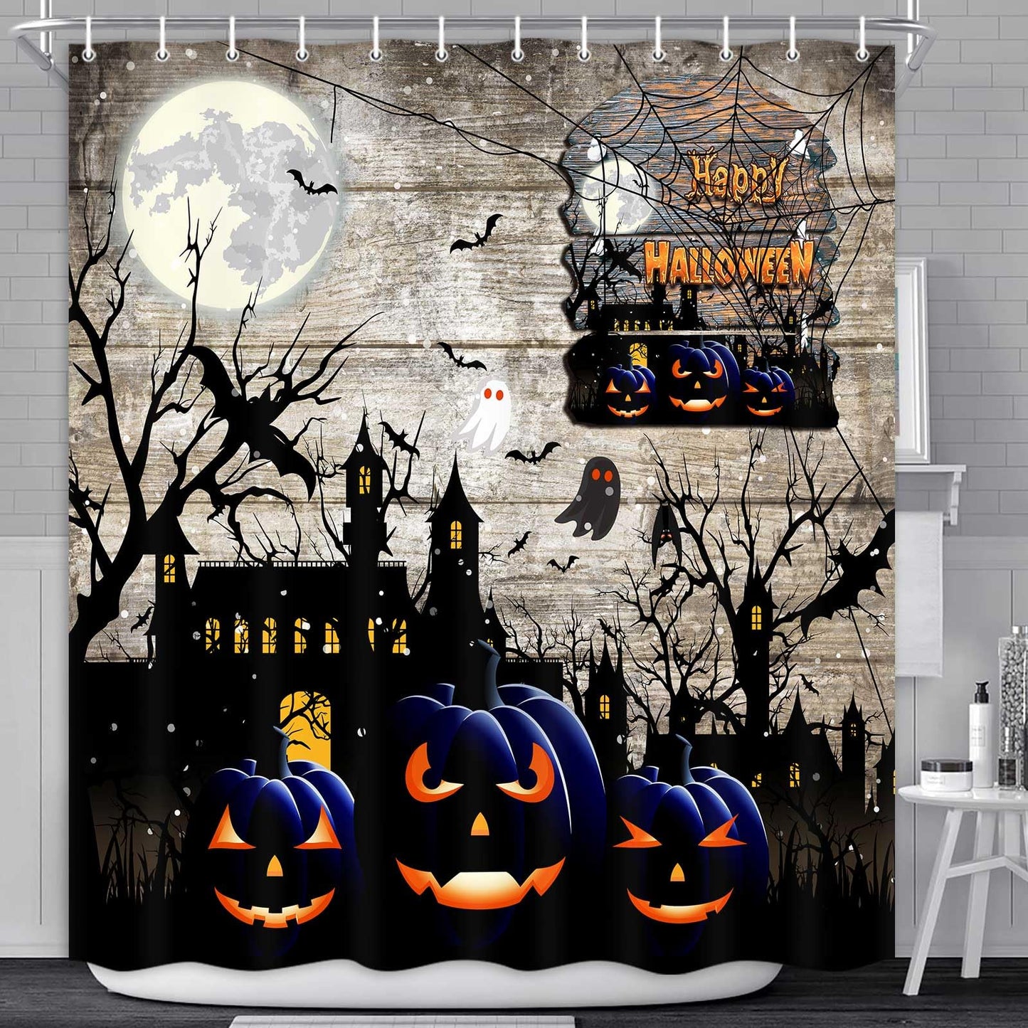 JAWO Halloween Shower Curtain Set, Ghost Pumpkin Horror Bat Rustic Farmhouse Decor Fall Autumn Festival Bath Curtains, 69x70 Inch, Hooks Included