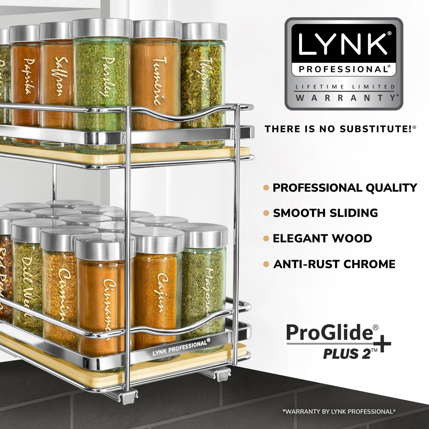 LYNK PROFESSIONAL® Pull Out Spice Rack Organizer for Inside Kitchen Cabinets - 4-1/4 inch Wide - Slide Out Drawer – Chrome Sliding Spice Cabinet Organization Shelf Racks - 2 Tier