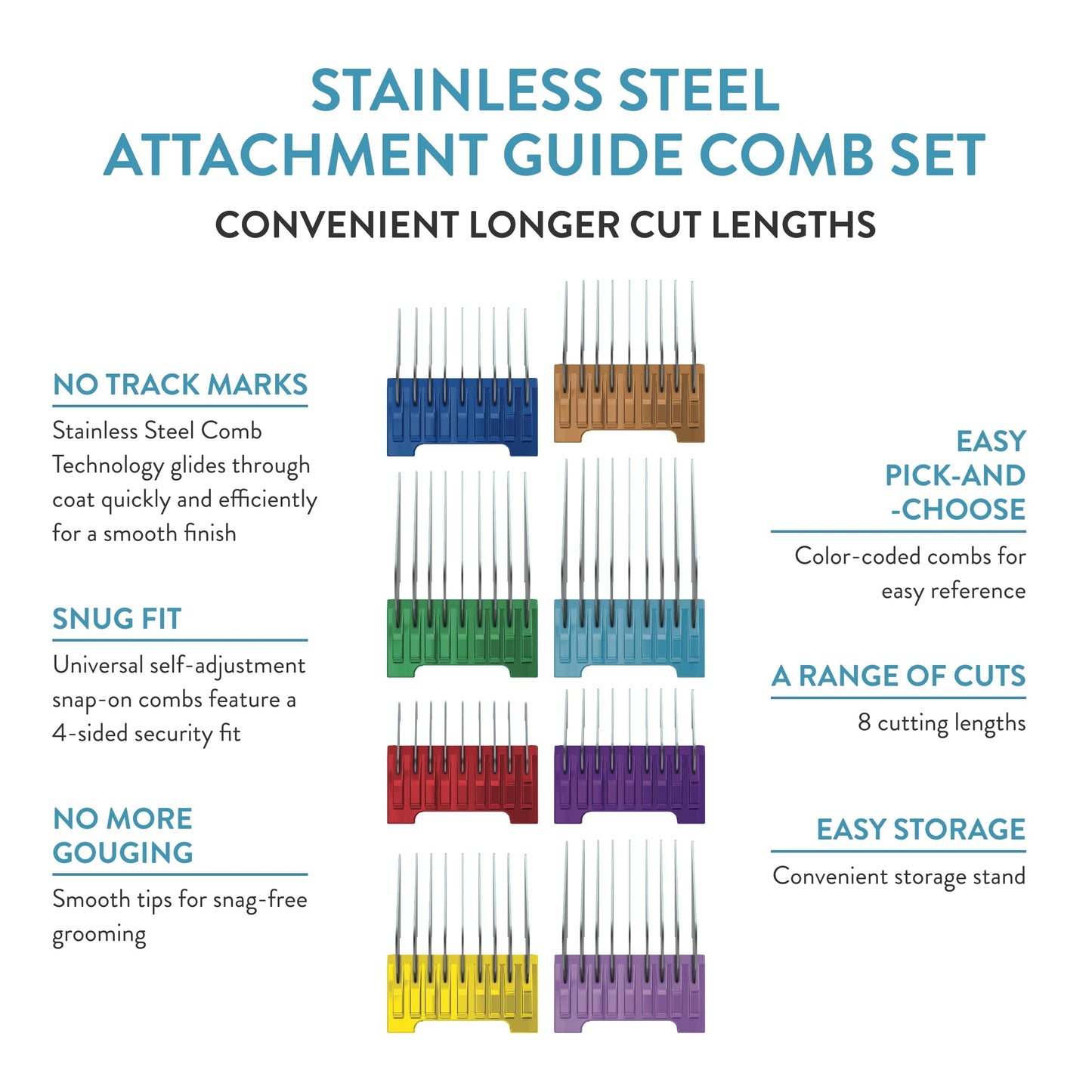 Wahl Stainless Steel Comb Set, Coloured Attachment Combs, For Wahl Arco, Belisima, Bravura and Chromstyle, Clipper and Trimmer Accessories, Storage Caddy