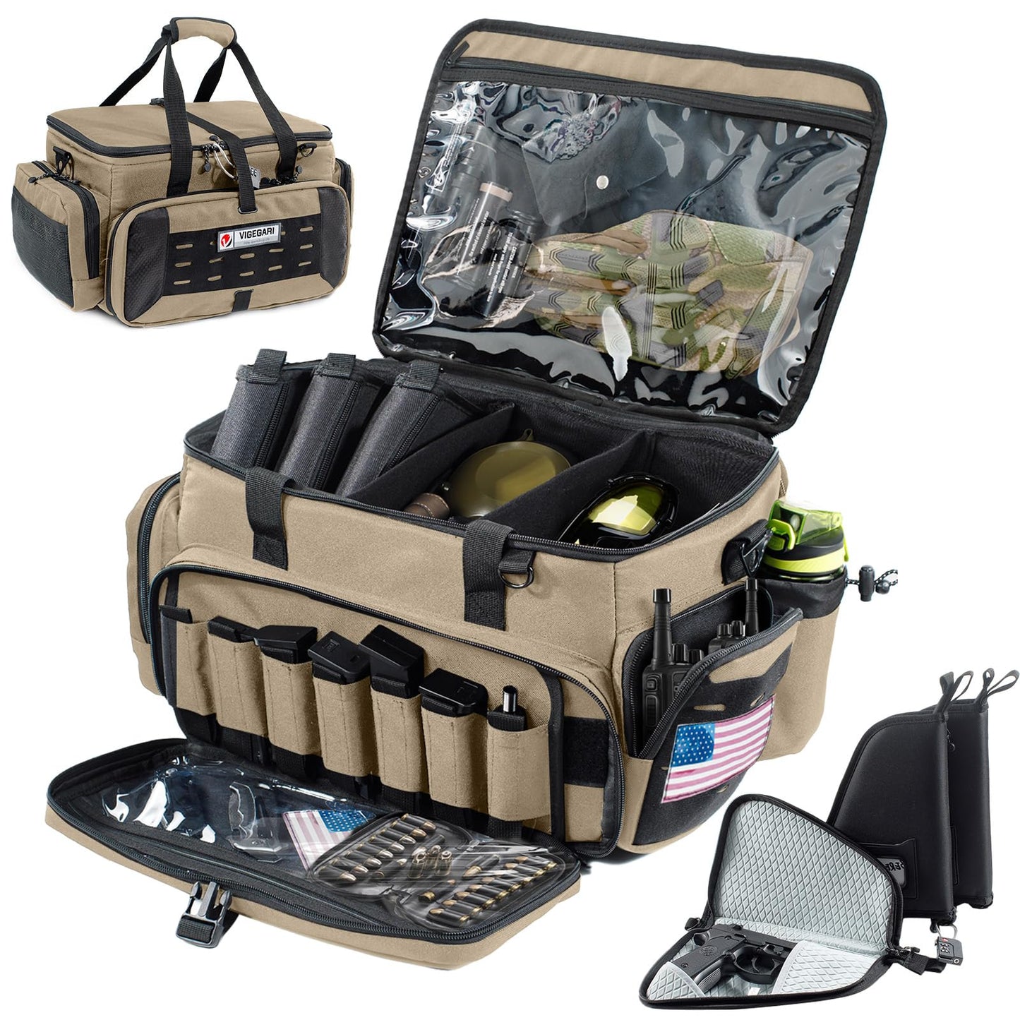 VIGEGARI Large Pistol Range Bag Shooting - Tactical Gun Range Bag with 2 Pistol Cases, Gun Bags for Handguns, Womens Gun Bag for Men, Gun Carrying Duffle Bag for Gun Accessories