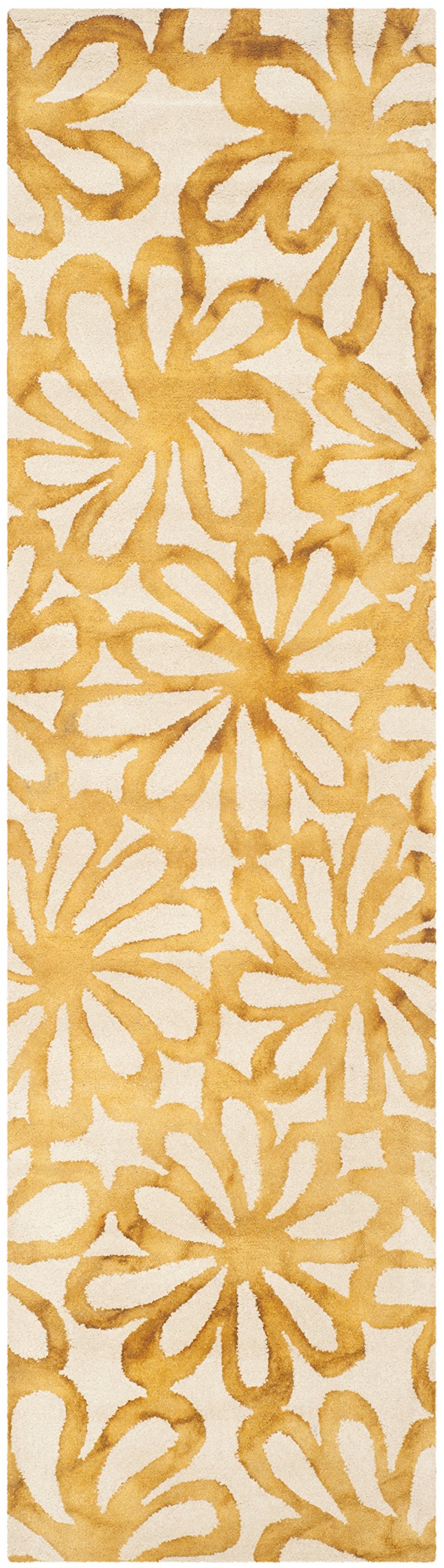 SAFAVIEH Dip Dye Collection Runner Rug - 2'3" x 12', Beige & Gold, Handmade Floral Watercolor Wool, Ideal for High Traffic Areas in Living Room, Bedroom (DDY527M)