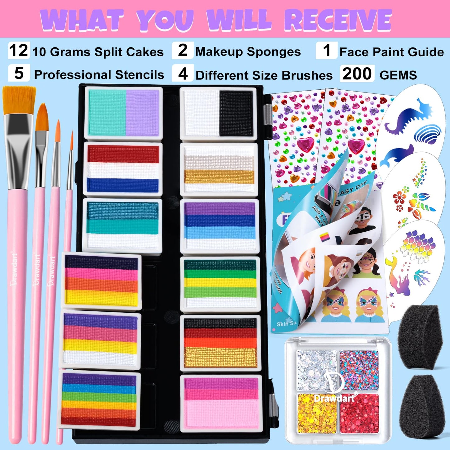 Drawdart Professional Face Painting Kit for Kids Adults, Rainbow Split Cake Face Paint Palette 12 x 10gm+ 4 Colors Pro Pressed Glitter Eyeshadow Palette, with Brushes Sponges Gems Stencils