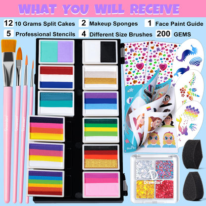 Drawdart Professional Face Painting Kit for Kids Adults, Rainbow Split Cake Face Paint Palette 12 x 10gm+ 4 Colors Pro Pressed Glitter Eyeshadow Palette, with Brushes Sponges Gems Stencils