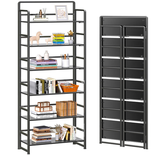 4NM No Assembly 6 Tiers Folding Bookshelf Storage Shelves Vintage Bookcase Standing Racks Study Organizer Home Office (All Black)