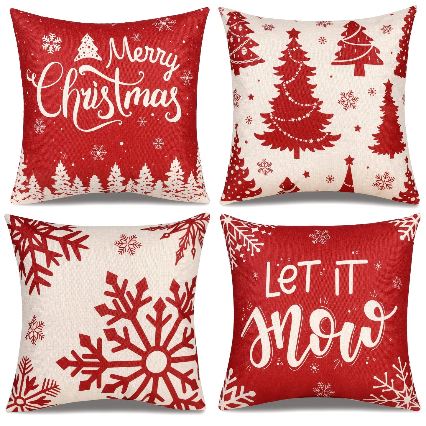 ButyHome Christmas Pillow Covers 18x18 Set of 4 Red Plaid Throw Pillowcase Christmas Decorations Deer Snowflake Farmhouse Linen Cushion Pillow Case for Home Decor Holiday Decorative