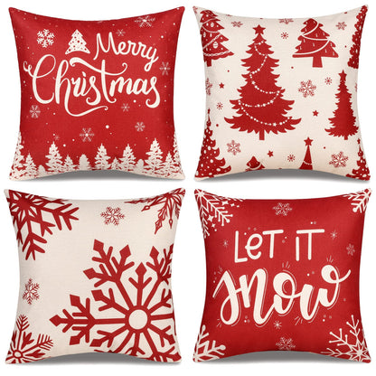 ButyHome Christmas Pillow Covers 18x18 Set of 4 Red Plaid Throw Pillowcase Christmas Decorations Deer Snowflake Farmhouse Linen Cushion Pillow Case for Home Decor Holiday Decorative