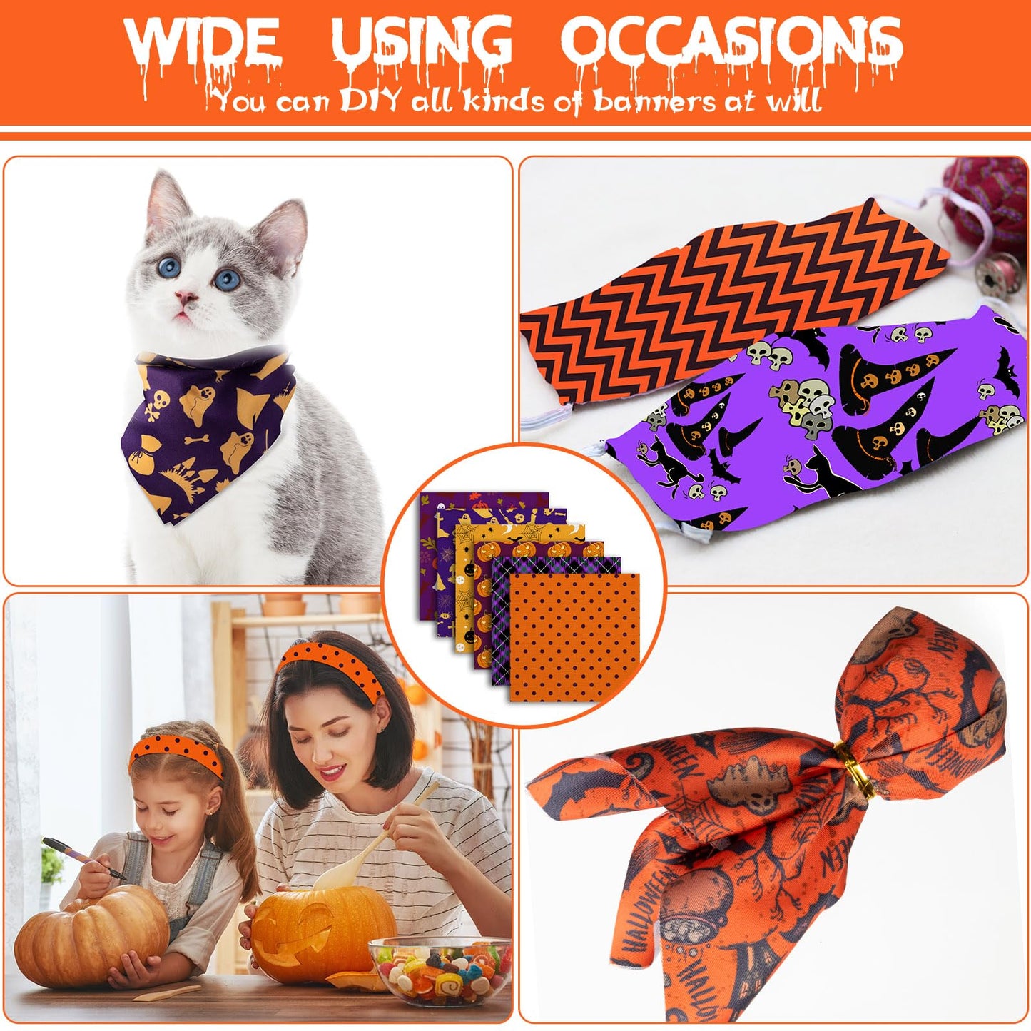 60 Pcs 10 x 10 Inch Halloween Fabric Polyester Fabric Bundle Fat Quarters Bat Pumpkin Ghost Skull Print Squares Holiday Quilting for DIY Decorations Sewing Craft, 30 Styles (Pumpkin)