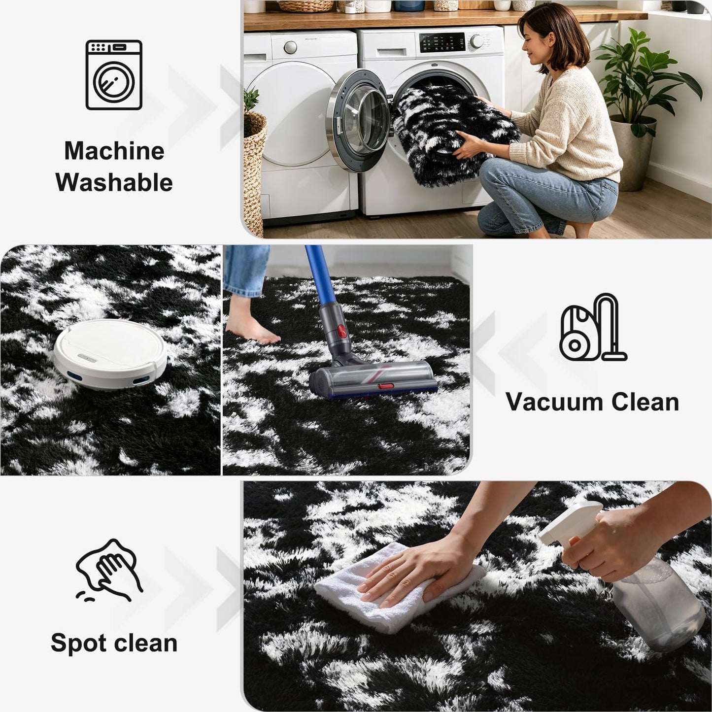 KIXINWA Rug for Bedroom, 4x6 Area Rug for Living Room, Fluffy Carpet for Kids Nursery Dorm Room, Soft Shag Non Slip Floor Rugs, Home Décor Carpet, Machine Washable, Tie-Dyed Black and White