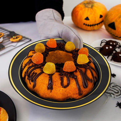 JOLLY PARTY 50PCS Black Plastic Bowls with Gold Rim-12oz, Christmas Thanksgiving Premium Disposable Soup Dessert Salad Bowls for Wedding/Party/Halloween