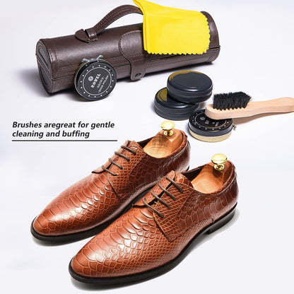 YUET Shoe Polish Kit Cleaning Shine Care Barrel Set For Brown Black Leather With Brush Travel Case Luxury Premium Soft Horsehair Bristle Dauber, Wooden Applicator, Shoehorn, Cloth 12 Piece Brown Pouch