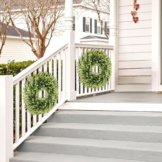 24 Inch Large Boxwoods Green Spring Artificial Wreath for Front Door, Year Round Spring Summer Winter Wreaths for Wall Window Porch Home Farmhouse Wedding Outdoor Outside Indoor Decorations
