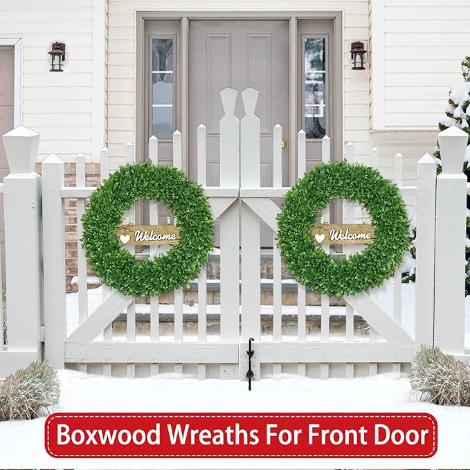 22 Inch Christmas Wreath Boxwood Wreath Realistic with Welcome Sign Faux Green Preserved Boxwood Wreaths Outdoor Spring Fall Winter Wreaths for Front Door Outside for Porch Farmhouse Wall Home Decor