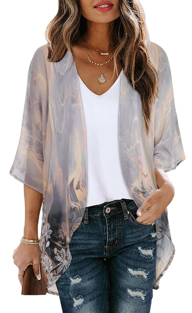 Women's Floral Print Puff Sleeve Kimono Cardigan Loose Cover Up Casual Blouse Tops (Grey Gold Floral,3XL)