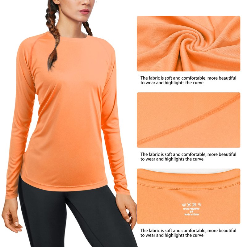 isnowood Womens Long Sleeve Rash Guard, UV UPF 50+ Sun Protection Shirts, Quick Dry Lightweight Tops for Swimming Workout Hiking Running Orange