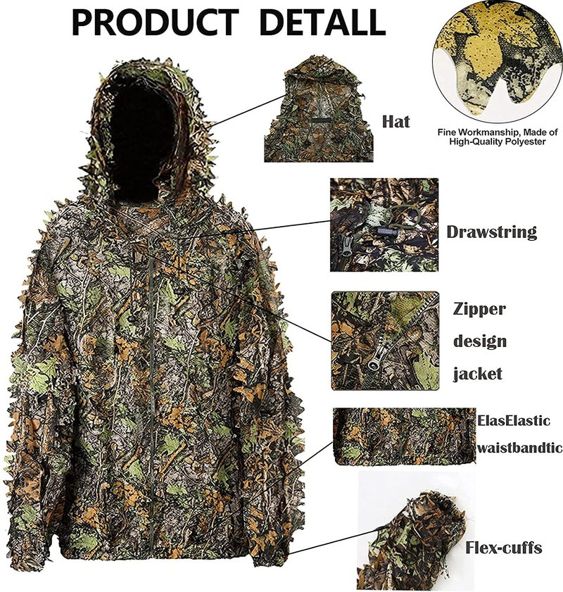 Monfasye Ghillie Suit, 3D Leafy Camo Hunting Suits Breathable Woodland Gillies Costume Jungle Clothing