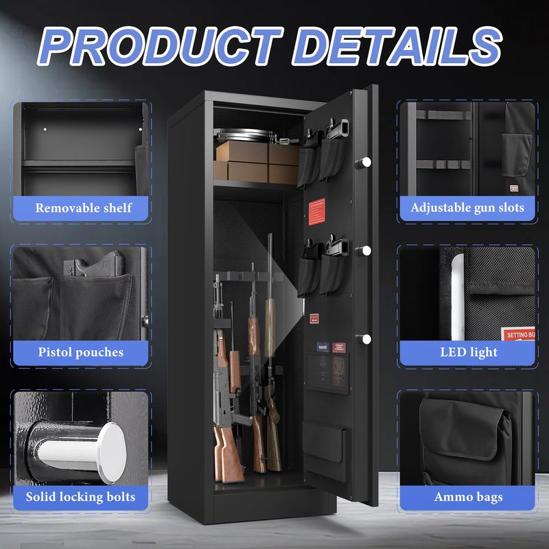 Marcree 8-10 Gun Safe for Rifles & Pistols, Quick Access Rifle Safe with Dual Alarm, Mute Mode, Adjustable Shelves & Pistol Pockets, Gun Cabinet for Shotguns