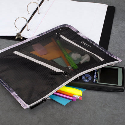 Five Star Pencil Pouch, Pen Case, 3-Pocket Zipper Pouch, Fits 3-Ring Binder, Storage Organizer for Classroom Supplies Earbuds Chargers Cables Makeup, Black/Grey (506420A-ECM)