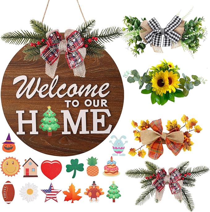 Interchangeable Welcome Sign for Front Door with 4 Seasonal Wreaths and 14 Changeable Icons, Farmhouse Front Door Signs, Door Decoration Porch Decor, Seasonal Wooden Home Sign home décor (6wood)