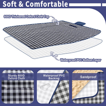 Habaylin Picnic Blanket Waterproof, Extra Large Picnic Mat 200 X 200 cm, Camping Beach Blanket Washable Foldable, Camping Accessories for Outdoor Activities (Dark Blue)