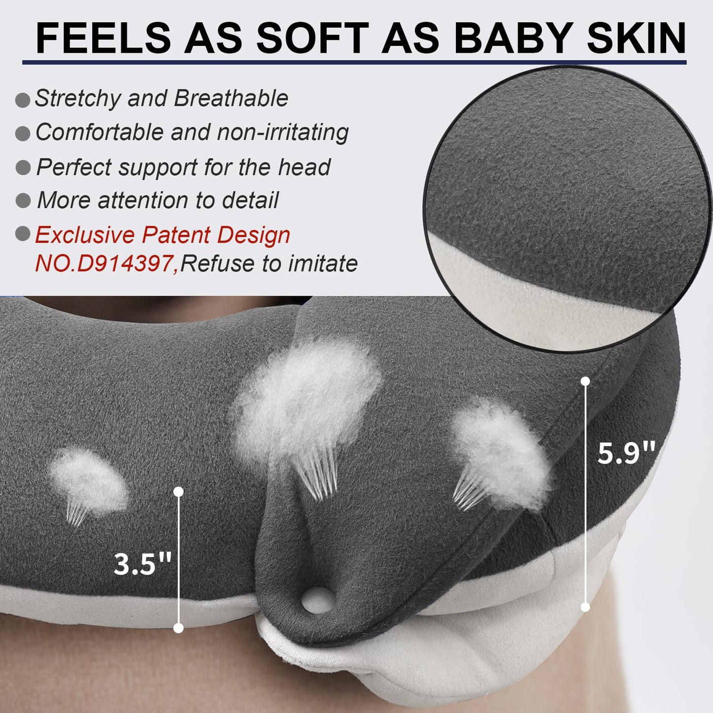 BUYUE Travel Neck Pillows for Airplanes, 360° Head Support Sleep for Long Flight, Skin-Friendly & Breathable, Kit with 3D Contoured Eye Mask, Earplugs and Storage Bag (Adult, Grey, 90+ lbs)