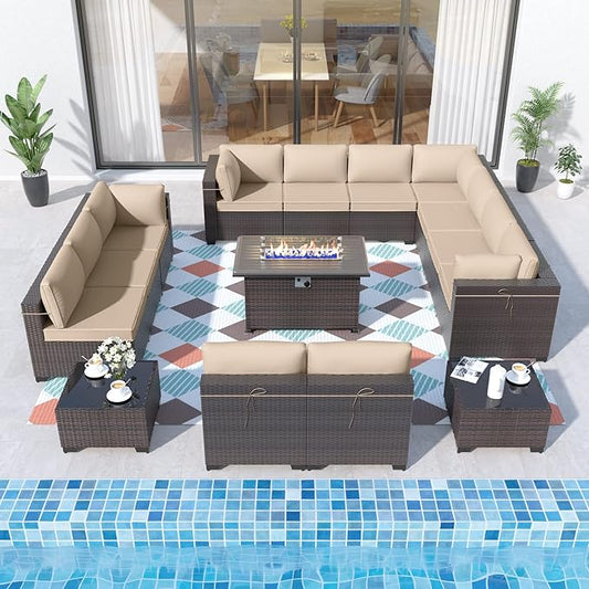 ALAULM 15 Pieces Outdoor Patio Furniture Set with Propane Fire Pit Table Outdoor Sectional Sofas Patio Furniture 43" Gas Fire Pit Brown PE Rattan Patio Conversation Set w/12 Cushions-Sand