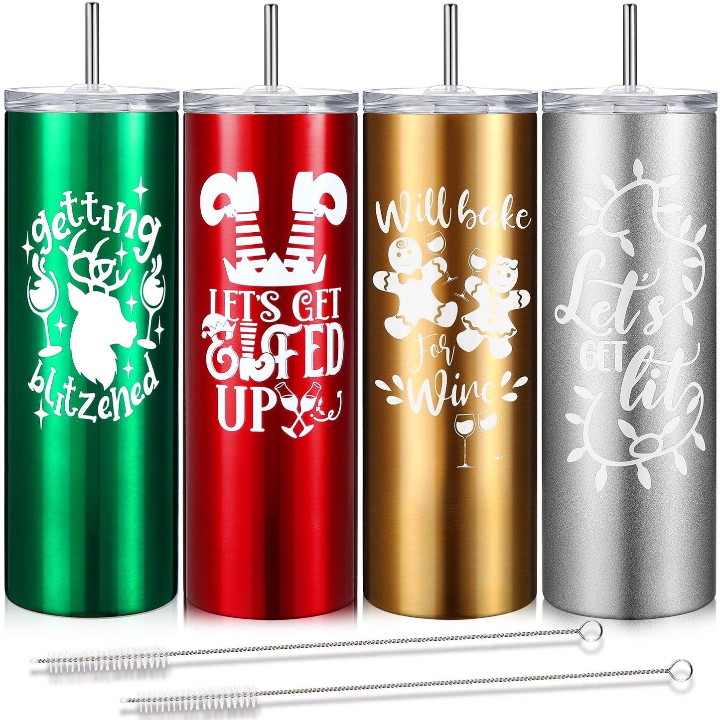 Maxdot 4 Pcs Christmas Tumbler with Lid and Straw Stainless Steel Christmas Cup Double-Insulated Water Travel Mug Vacuum Tumbler with Cleaning Brush Xmas Gift(Funny Style,Red/green/gold/silver)