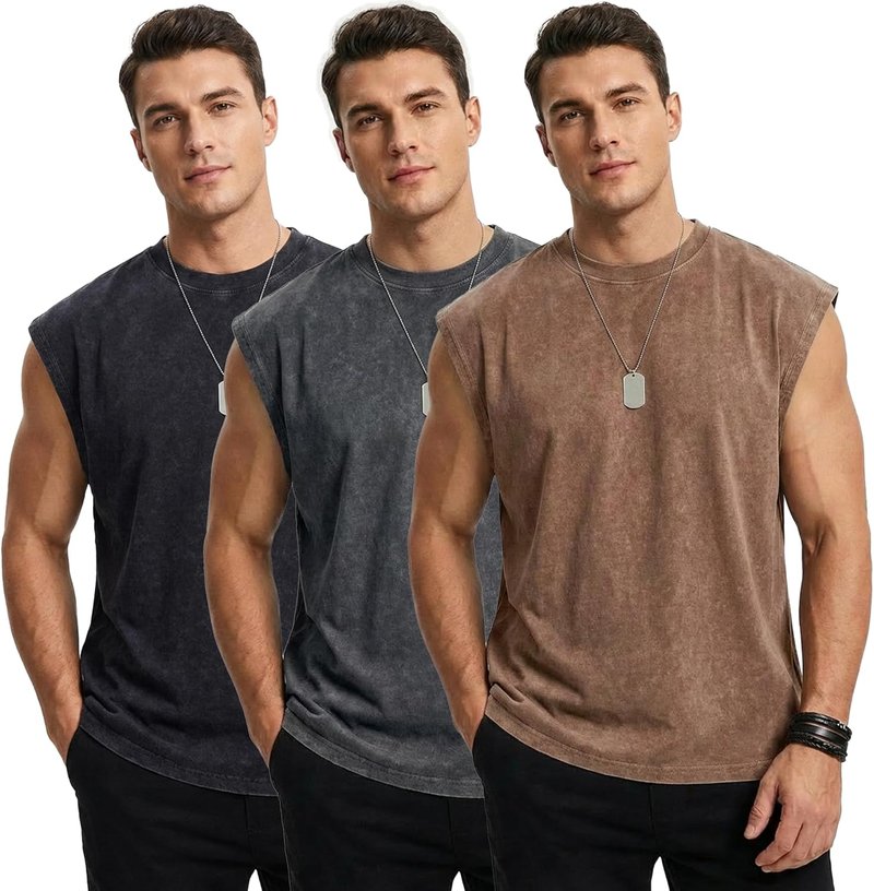 Men's Vintage Washed Muscle Tank Tops - 3 Pack Heavyweight Cotton Gym Shirts | Oversized Fit