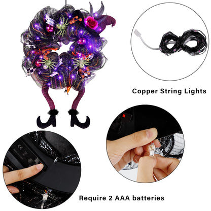 Lulu Home Halloween Front Door Wreath, Purple LED Lighted Witch Hat Wreath, Battery Operated, NOT PRELIT