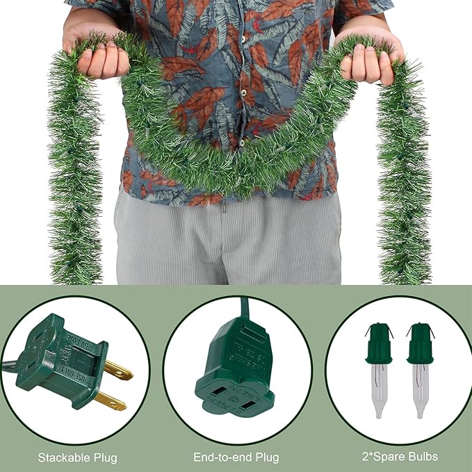 WATERGLIDE Lighted Christmas Green Garland 15FT, with Clear String Lights, Pre-lit Artificial Greenery Garlands, Plug in & Connectable Xmas Lights for Indoor Outdoor Holiday Party Decor