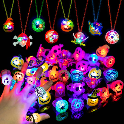Halloween Party Favors for Kids, 68 PCS LED Flash Rings Light Up Necklaces & Brooches for Party Decorations, Glow in the Dark Halloween Party Supplies Non Candy Halloween Treats Goodie Bag Fillers