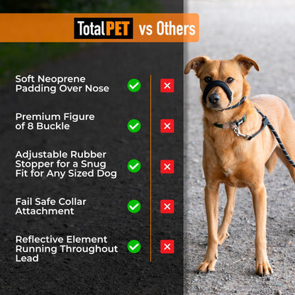 Total Pet Figure of 8 Dog Lead - Anti Pull Stop Dogs Pulling - Rope Slip Leads with Padded Nose Support (Medium/Large) Black