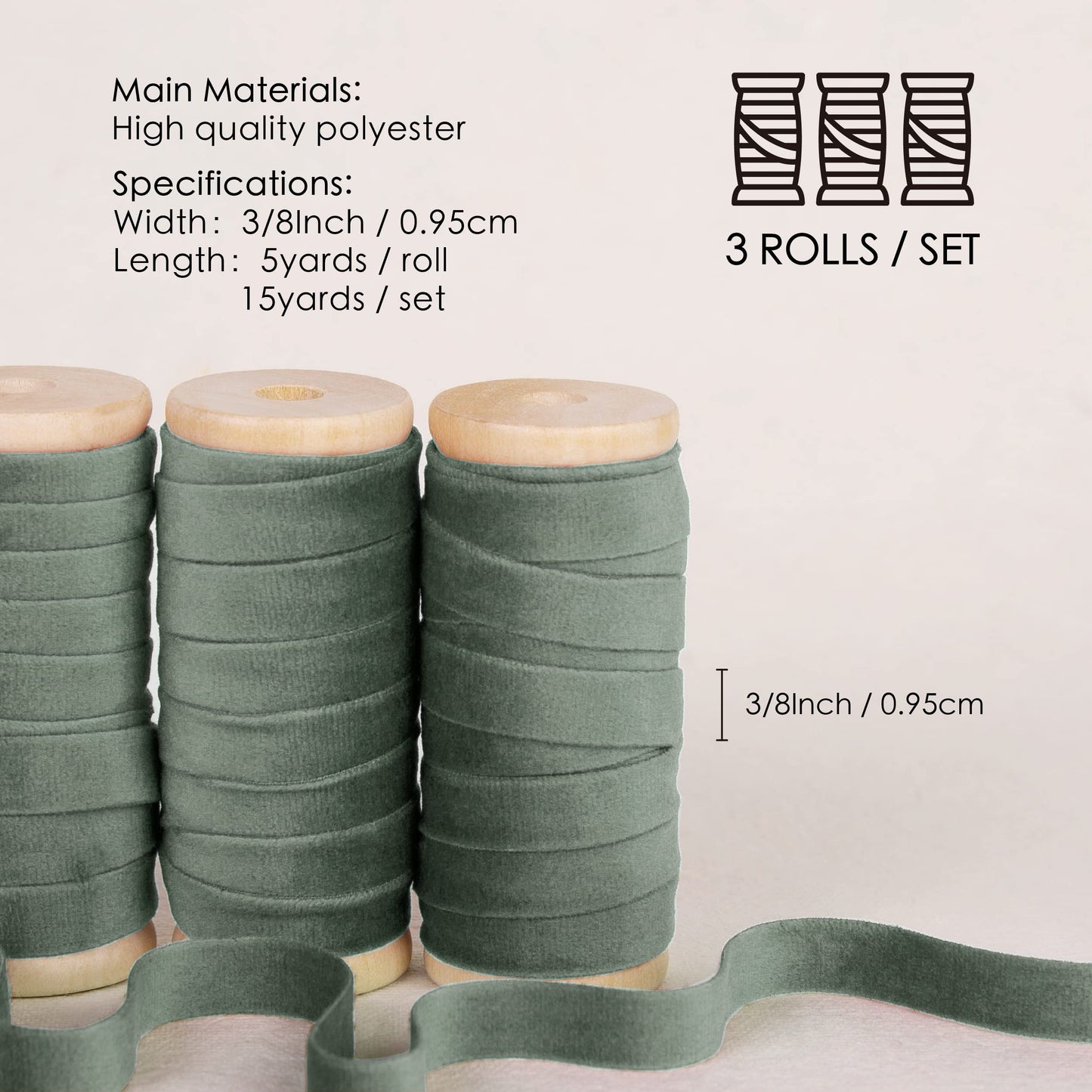 Vitalizart Dusty Green Velvet Ribbon Set 3/8" x 15 Yd Wooden Spool Fabric Trim 3 Rolls * 5 Yd for Christmas Wreath Decoration Handmade Craft Ornaments Gift Wrapping & Bow Making
