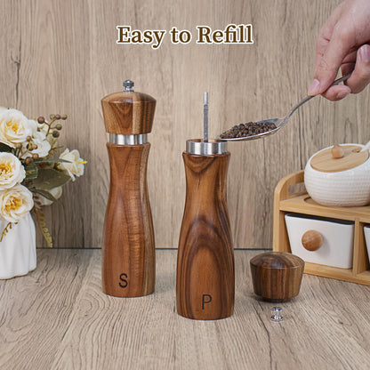 Haomacro Salt and Pepper Grinder Set of 2,8Inch Updated Wooden Pepper Mill Shaker,Modern Oak Wood Salt Mill Pepper Grinder Set Refillable with Adjustable Ceramic Rotor