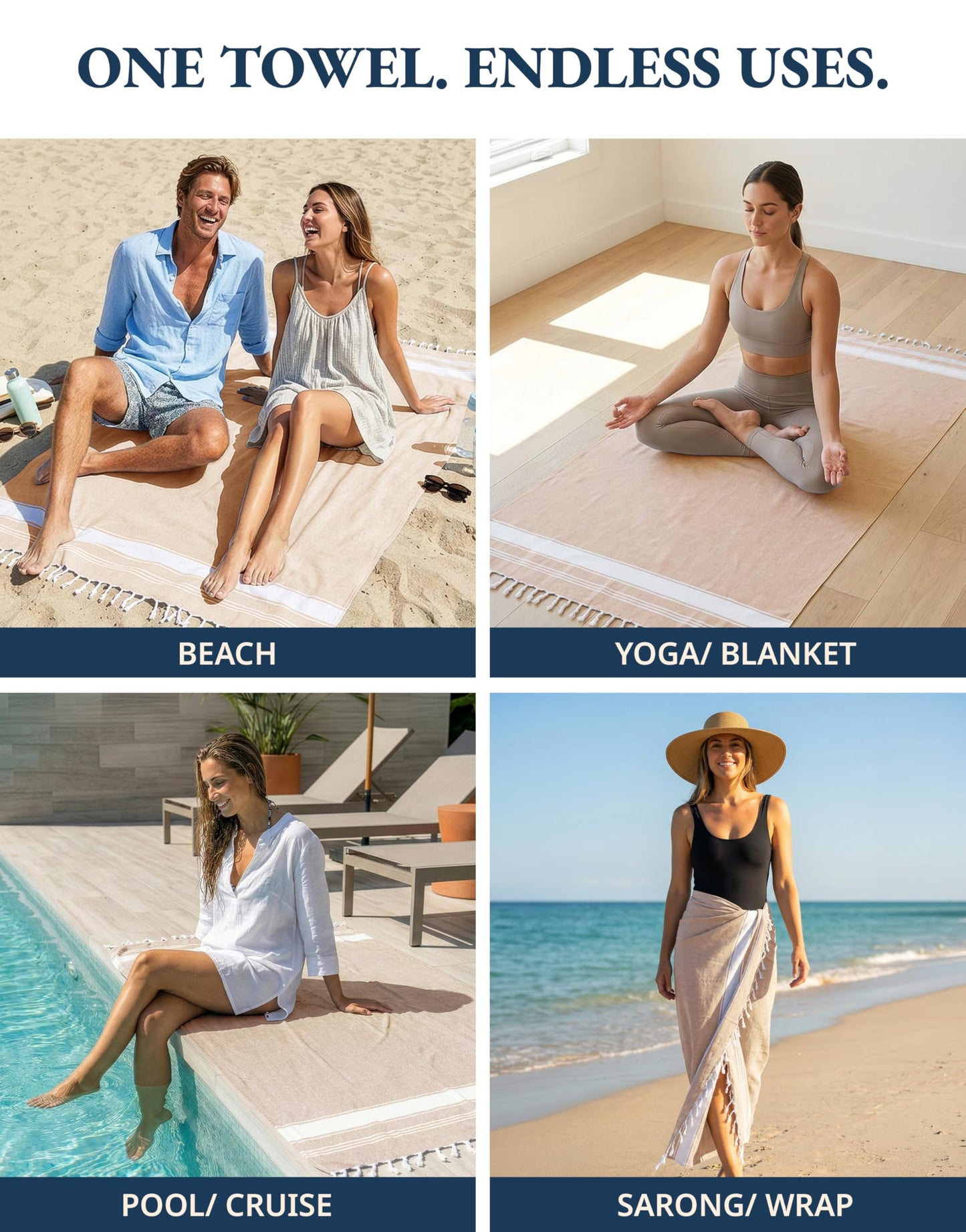 LANE LINEN Oversized Beach Towels, 2 Pack Turkish Towel Set for Adults, Lightweight, Quick Dry, Absorbent & Sand Proof, 39"x71" Pool Towels – Beige