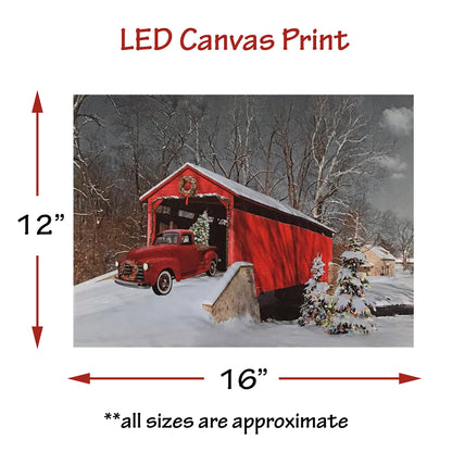 BANBERRY DESIGNS LED Wall Art - Lighted Red Truck Covered Bridge Canvas Print - Christmas Picture with LED and Fiber Optic Lights - Winter Scene Wall Art - Measures 11.75" X 15.75"