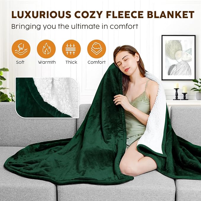 HYLEORY Heated Electric Blanket Throw 50"x60" Soft Fleece & Flannel with 5 Heating Levels & 3 Hours Timer Auto Shutt Off, ETL Certified, Washable，Heated Blanket for Body-Dark Green