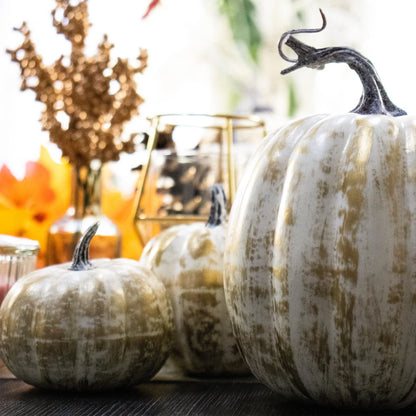 12 PCS Gold Brushed Pumpkins, Thanksgiving Table Centerpiece Decorations, Outdoor Faux Fake Foam Pumpkins for Fall Harvest, Halloween, Thanksgiving, Wedding, Table, Home Decor (Gold Brushed)