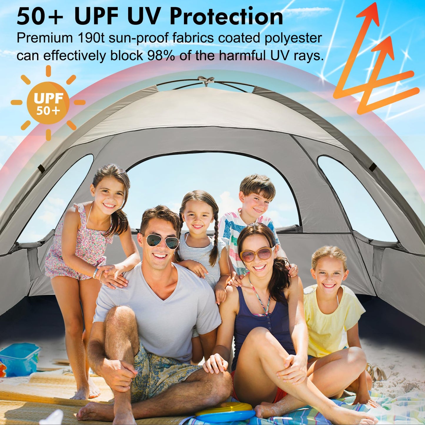 WhiteFang Beach Tent Anti-UV Portable Sun Shade Shelter for 6 Person, Extendable Floor with 3 Ventilating Mesh Windows Plus Carrying Bag, Stakes and Guy Lines (Baby's Breath)