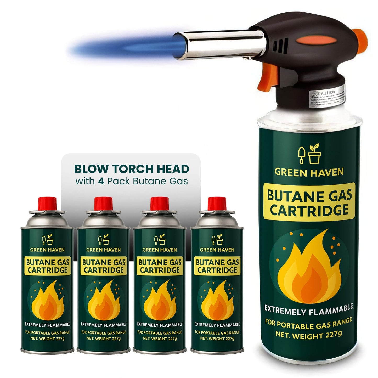 Green Haven Blow Torch for Cooking Attachment Head with 4 Gas - One-Handed Gas Torch with Adjustable Flame & Safety Lock, Fits All Butane Tanks, Ideal for Creme Brulee, Desserts, BBQ, Baking