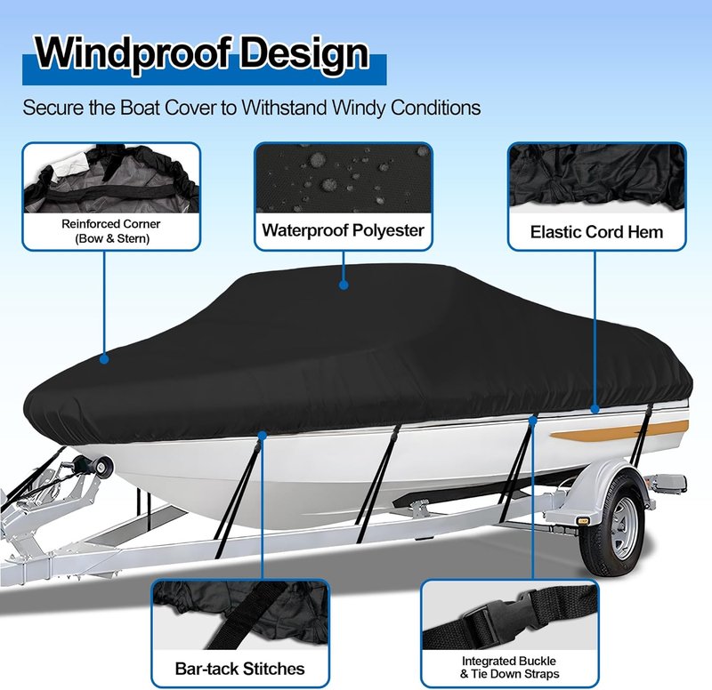 Trailerable Boat Cover - Heavy Duty Waterproof Tarp for V-Hull & Fishing Boats | Fits 14'-16' Length, 68" Width