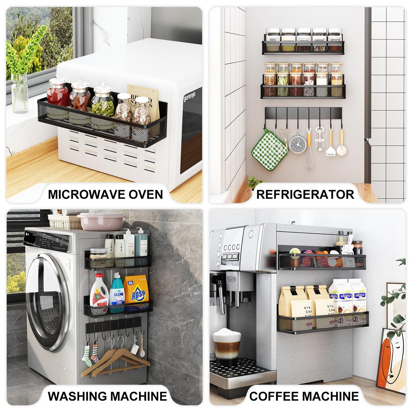 Aufworld Magnetic Spice Rack for Refrigerator, 3 Pack Magnetic Shelf, Moveable Fridge Organizer with 8-Hook Rack, Seasoning Organizer for Kitchen