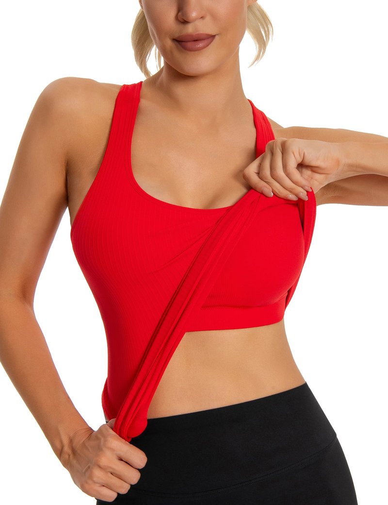 MathCat Seamless Workout Tank Top for Women with Built in Bra, Padded Racerback Ribbed Athletic Yoga Camisole Red