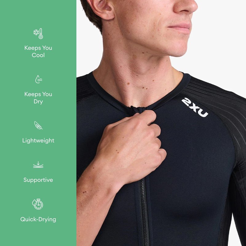 2XU Men's Trisuit Aero Sleeved Front Zip - Performance Triathlon Suit for Muscle Support