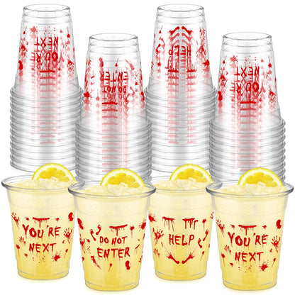 FoldTier 50 Pcs Plastic Halloween Bloody Cups - 12 oz Clear Disposable Drinking Cups for Home Halloween Theme Party Supplies Decoration (Blood Print)