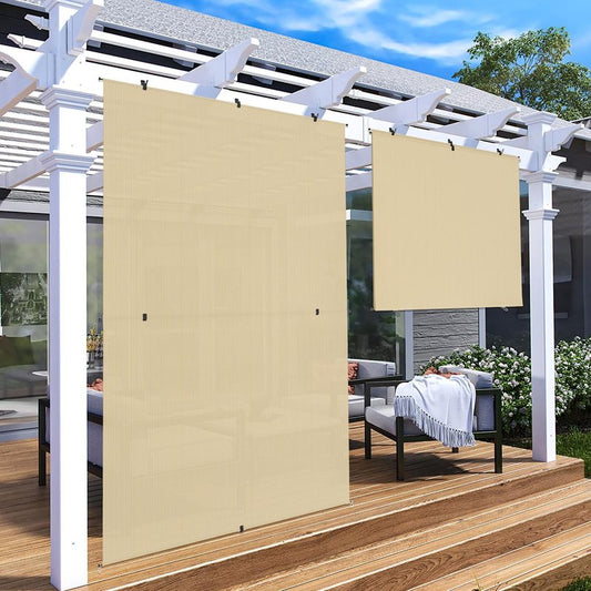 Patio Shades Roll Up Outdoor 8'Wx6'H Foldable Roller Shade Patio Blinds Exterior Block Sun Screen for Outside Porch Deck Balcony Pergola Carport, Beige