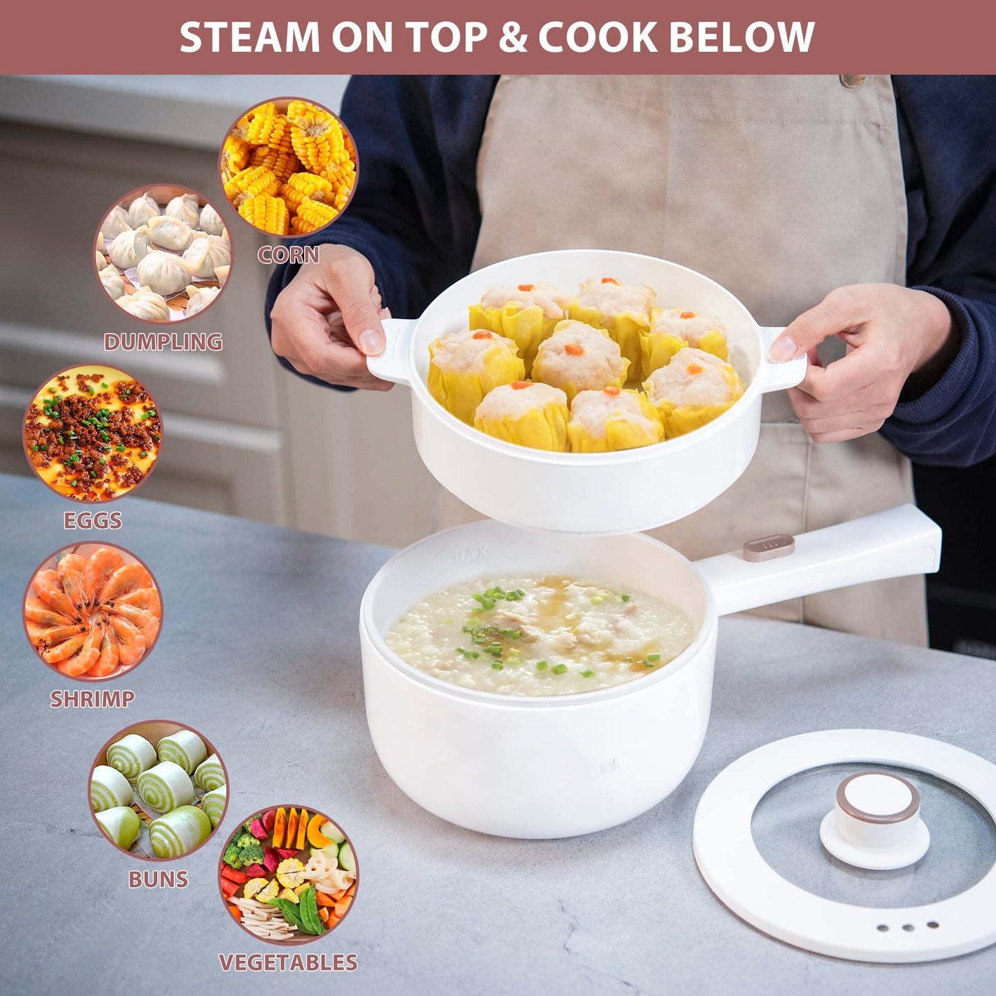 Bear Hot Pot Electric with Steamer, 1.6L Rapid Noodles Cooker, Mini Pot, Non-Stick Frying Pan for Steak, Ramen, Egg, Oatmeal, Soup with Power Adjustable