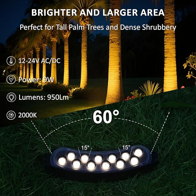 Low Voltage Flood Lights, 9W Bright LED Uplighting Outdoor, Wired Spot Lights Outdoor, 12V Low Voltage Floodlights for Tree Wall House, Aluminum, 2000K, Unique Design, Black (6PACK 2000K)