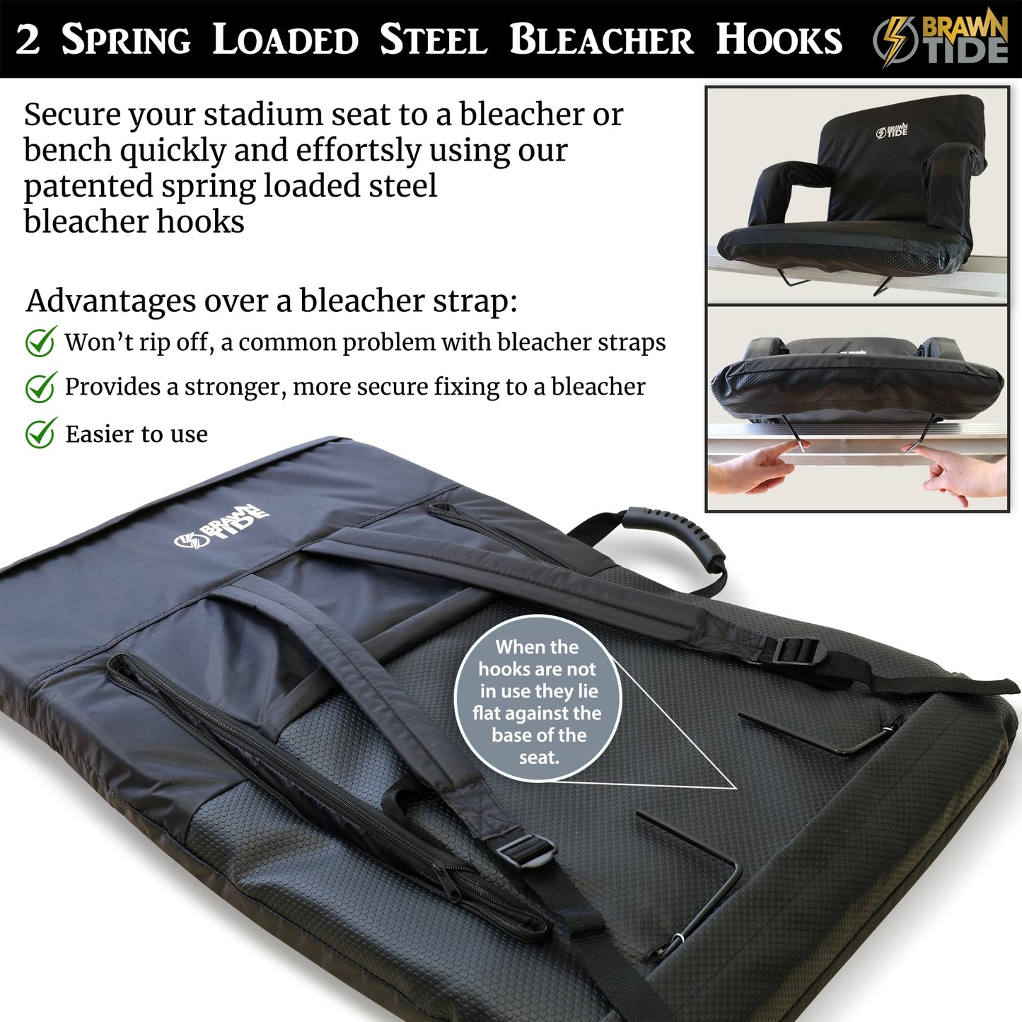 BRAWNTIDE Stadium Seat with Back Support - Comfy Cushion, Thick Padding, 2 Bleacher Hooks, 4 Pockets, Ideal Stadium Chair for Bleachers, Sporting Events, Camping, Beaches (Black, Regular Size)