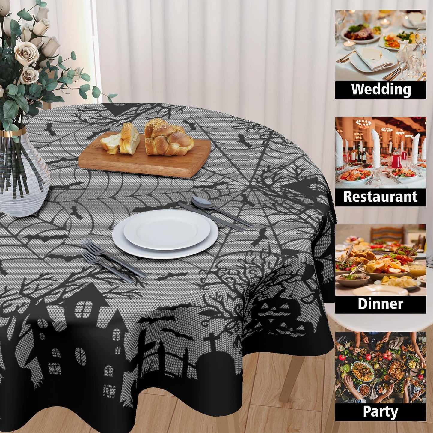 Kawani Halloween Round Tablecloth 60 Inch Spooky Pumpkins Castle Bats Spider Web Table Cloth Black Gray Halloween Holiday Polyester Table Cover for Kitchen Dining Room Indoor Outdoor Home Decor